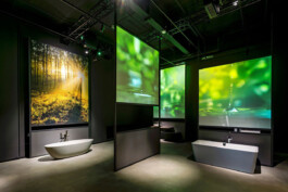 Villeroy & Boch Welt, Markenwelt, Wohlfühlatmosphären, Gazen mit Projektion, immersiver Sound, Wassertropfen, Bad & Wellness